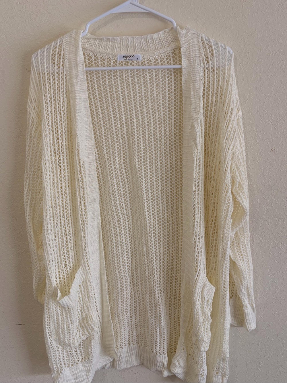 zeagoo Open-Weave Cream Cardigan with Pockets